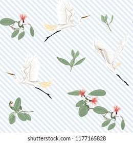 Seamless pattern, background with floral pattern with feijoa blooming flowers and herons. Vector illustration without gradients and transparency.  On blue and white diagonal stripes background.