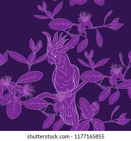 Seamless pattern, background with floral pattern with feijoa blooming flowers and cockatoo parrot. Vector illustration without gradients and transparency.  Ulraviolet graphics.