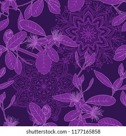 Seamless pattern, background with floral pattern with feijoa blooming flowers. Vector illustration without gradients and transparency.  Ulraviolet graphics.
