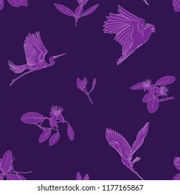 Seamless pattern, background with floral pattern with feijoa blooming flowers and herons and cockatoo parrot. Vector illustration without gradients and transparency.  Ulraviolet graphics.