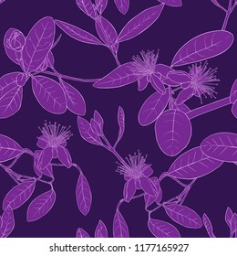 Seamless pattern, background with floral pattern with feijoa blooming flowers. Vector illustration without gradients and transparency.  Ulraviolet graphics.