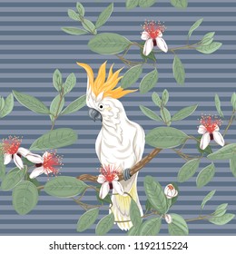 Seamless pattern, background with floral pattern with feijoa blooming flowers  and cockatoo parrot. Vector illustration without gradients and transparency.  On blue denim stripes background