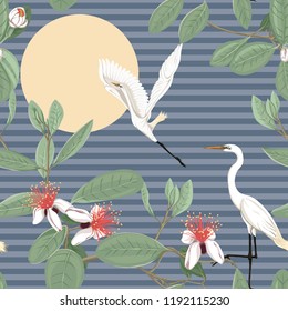Seamless pattern, background with floral pattern with feijoa blooming flowers and herons. Vector illustration without gradients and transparency.  On blue denim stripes background