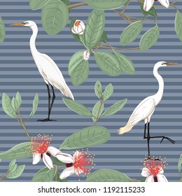 Seamless pattern, background with floral pattern with feijoa blooming flowers and herons. Vector illustration without gradients and transparency.  On blue denim stripes background
