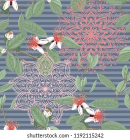 Seamless pattern, background with floral pattern with feijoa blooming flowers. Vector illustration without gradients and transparency.  On blue denim stripes background