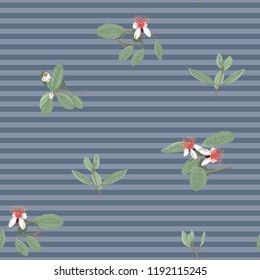 Seamless pattern, background with floral pattern with feijoa blooming flowers. Vector illustration without gradients and transparency.  On blue denim stripes background