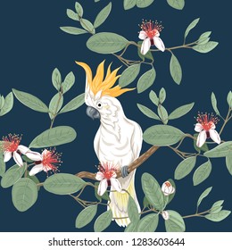 Seamless pattern, background with floral pattern with feijoa blooming flowers  and cockatoo parrot. Vector illustration without gradients and transparency.  On dark blue background.