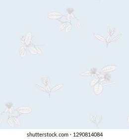 Seamless pattern, background with floral pattern with feijoa blooming flowers. Vector illustration without gradients and transparency.  In vintage blue and beige colors.