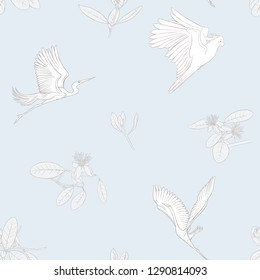 Seamless pattern, background with floral pattern with feijoa blooming flowers and with herons and cockatoo parrot Vector illustration.  In vintage blue and beige colors.