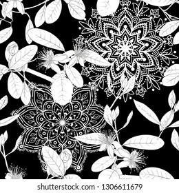 Seamless pattern, background with floral pattern with feijoa blooming flowers. Vector illustration without gradients and transparency.  Black-and-white graphics.