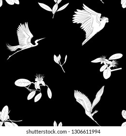 Seamless pattern, background with floral pattern with feijoa blooming flowers with herons and cockatoo parrot. Vector illustration without gradients and transparency.  Black-and-white graphics.
