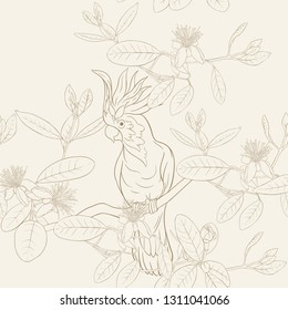 Seamless pattern, background with floral pattern with feijoa blooming flowers and cockatoo parrot. Vector illustration without gradients and transparency.  In vintage beige colors.