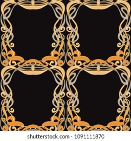 Seamless pattern, background with floral ornament In art nouveau style, vintage, old, retro style. In gold colors on black background. Vector illustration