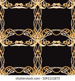 Seamless pattern, background with floral ornament In art nouveau style, vintage, old, retro style. In gold colors on black background. Vector illustration