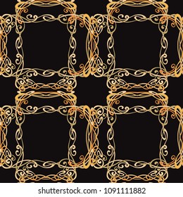Seamless pattern, background with floral ornament In art nouveau style, vintage, old, retro style. In gold colors on black background. Vector illustration