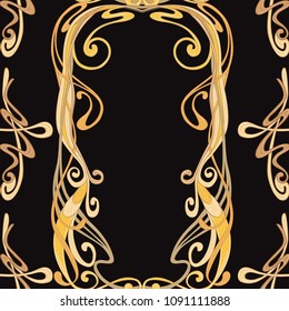 Seamless pattern, background with floral ornament In art nouveau style, vintage, old, retro style. In gold colors on black background. Vector illustration