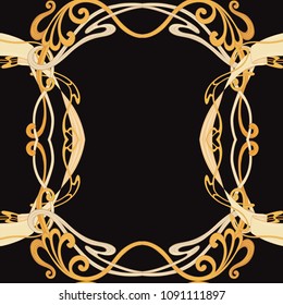 Seamless pattern, background with floral ornament In art nouveau style, vintage, old, retro style. In gold colors on black background. Vector illustration