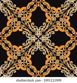 Seamless pattern, background with floral ornament In art nouveau style, vintage, old, retro style. In gold colors on black background. Vector illustration