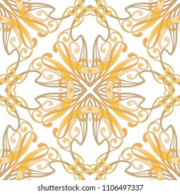Seamless pattern, background with floral ornament In art nouveau style, vintage, old, retro style. In gold colors Isolated on white background.. Vector illustration