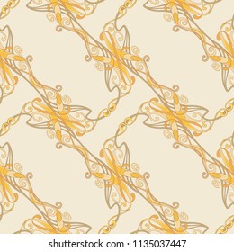 Seamless pattern, background with floral ornament In art nouveau style, vintage, old, retro style. In gold colors. Vector illustration
