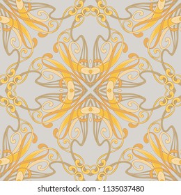 Seamless pattern, background with floral ornament In art nouveau style, vintage, old, retro style. In gold colors. Vector illustration