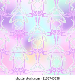 Seamless pattern, background with floral ornament In art nouveau style, vintage, old, retro style. In light ultra violet pastel colors on mesh pink, blue background. Vector illustration