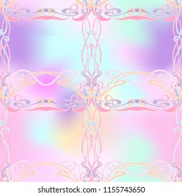 Seamless pattern, background with floral ornament In art nouveau style, vintage, old, retro style. In light ultra violet pastel colors on mesh pink, blue background. Vector illustration