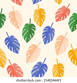 Seamless pattern background with floral pattern from Tropical Monstera deliciosa plant. Vector illustration for fabric or backdrop.