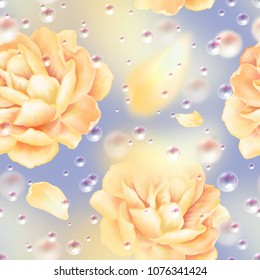 Seamless pattern background with flowers, bubbles of air and petals. Can be used for the design of cosmetics or detergents. Vector illustration.