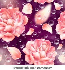 Seamless pattern background with flowers, bubbles of air and petals. Vector illustration.