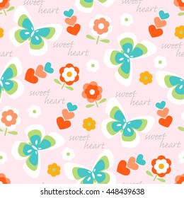 Seamless pattern background with flowers, butterflies and hearts. Lovely easter background.