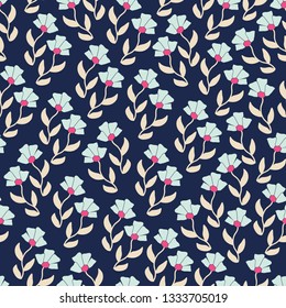 Seamless pattern background with flowers and cute bunny rabbits. Seamless ditsy floral pattern.