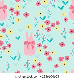 Seamless pattern background with flowers and cute bunny rabbits. Seamless ditsy floral pattern.