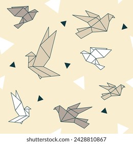 Seamless pattern background with flying origami birds and triangles.