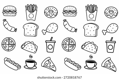 Fondo de patrón sin fisuras Ilustración de conjunto de dibujo a mano de niños de alimentos e ingredientes aislados sobre fondo blanco