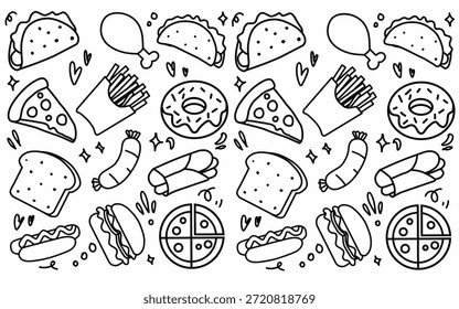 Plano de fundo padrão contínuo Comida e ingrediente crianças mão desenho conjunto ilustração isolado no fundo branco