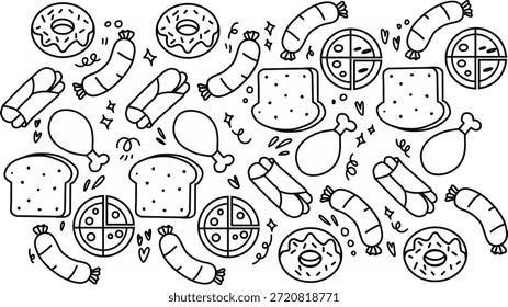Fondo de patrón sin fisuras Ilustración de conjunto de dibujo a mano de niños de alimentos e ingredientes aislados sobre fondo blanco