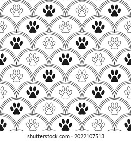 Seamless pattern background with footprints of home pet in fan-shaped diagonal grid. Black and white. Vector.