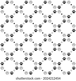 Seamless pattern background with footprints of home pet, square diagonal grid with dots. Black and white. Vector.