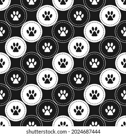 Seamless pattern background with footprints of home pet in circles, diagonal direction. Black and white. Vector.