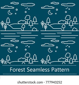 Seamless Pattern Background with Forest Landscape. Nature Icons Set in Thin Line Style. Flat vector illustration.