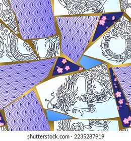 Seamless pattern background with fragments of broken ceramics with oriental ornaments. Kintsugi decoratiwe background.  Vector illustration