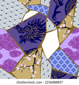 Seamless pattern background with fragments of broken ceramics with oriental ornaments. Kintsugi decoratiwe background.  Vector illustration