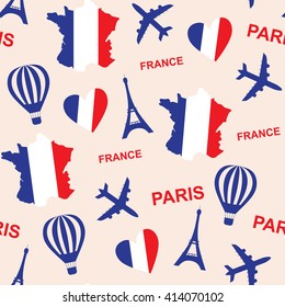 Seamless pattern background with France landmarks and Eiffel Tower  vector illustration. French background with map and flag