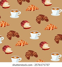 Seamless pattern background french Croissant, doodles pastry, sweet bakery seamless pattern with baked goods. Confectionery baking background design for wrapping paper, package print, cafeteria