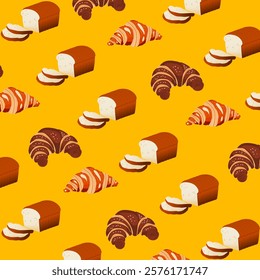 Seamless pattern background french Croissant, doodles pastry, sweet bakery seamless pattern with baked goods. Confectionery baking background design for wrapping paper, package print, cafeteria