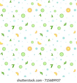 Seamless pattern background with fresh citrus fruit, leaves, dots. Lime, grapefruit, lemon, orange. Pattern illustration for design textiles, fabric prints, wrapping paper, baby clothes.