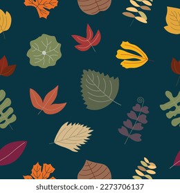 Seamless pattern background of fresh and dry tropical fall leaf. Vector illustration on dark green background