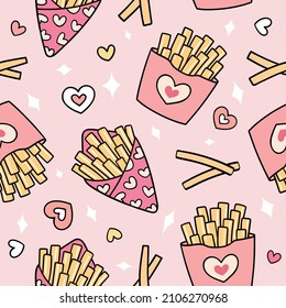 Seamless pattern background fries valentines and heart Love concept Doodle cartoon style