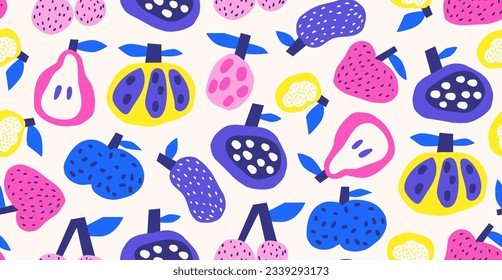 Nahtlose Muster, Hintergrund mit Obst und Gemüse. Feine handgezeichnete, doodle Naturelemente. Wiederholbare Vektorgrafik mit gesundem Essen